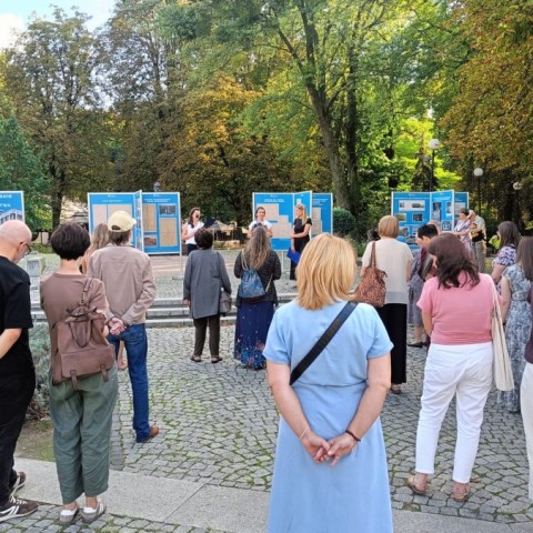 Powiększ obraz: grupa ludzi oglądająca wystawę